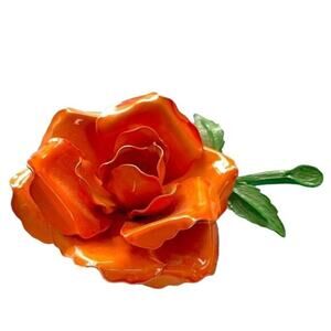 Vintage Metal Enamel Flower Brooch Orange Rose Pin Green Leaves Fashion 50s-60s